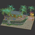 Colorful Tropical Cartoon Scene With Yellow House Blue Roof Palm Trees Beach And Lifeguard Tower