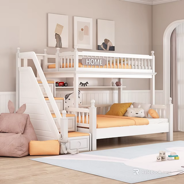 White Bunk Bed With Staircase Storage In Cozy Kids Room 3d model 
