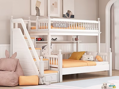 White Bunk Bed With Staircase Storage In Cozy Kids Room 3d model