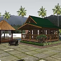Wooden House with Veranda Gazebo Palm Trees and Stone Paved Patio Near Water and Mountains