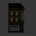 Cartoon Scene Two Story Shop Building With Brown Roof Green Awnings Red Door Display Window