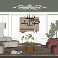 Elegant Living Room Interior With White Sofa Red Armchairs Fireplace Chandelier Rug And Green Plant