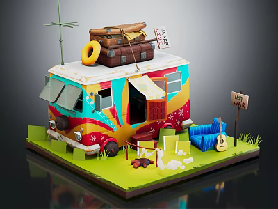 Colorful Camper Van Display With Travel Suitcase Lifebuoy Guitar Chair And Road Sign 3d model