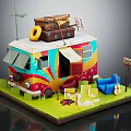 Colorful Camper Van Display With Travel Suitcase Lifebuoy Guitar Chair And Road Sign