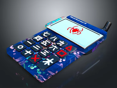 Blue Electronic Calculator With Colorful Patterns Numeric Keys Chinese Numerals And Red Spider Screen 3d model