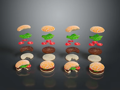 Fresh Hamburgers Deconstructed and Assembled with Layered Buns Lettuce Tomatoes and Patties 3d model