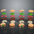 Fresh Hamburgers Deconstructed and Assembled with Layered Buns Lettuce Tomatoes and Patties
