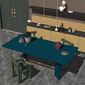 Blue Dining Table Set with Green Chairs and Decorative Items on Background Shelf