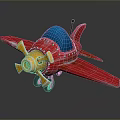 Red Toy Airplane With Blue Cockpit Yellow Propeller Black Tail And Wheels