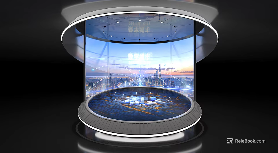 Modern Commercial Display Equipment With Circular Transparent Screen And City Model Lighting 3d model 