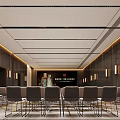 Modern Banquet Hall Interior With Long Tables Chairs And Decorative Carpets