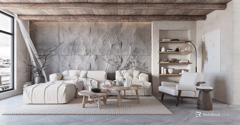 Natural Rustic Living Room Interior With Beige Sofa Wooden Coffee Tables And Stone Wall 3d model 