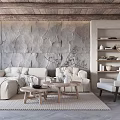 Natural Rustic Living Room Interior With Beige Sofa Wooden Coffee Tables And Stone Wall