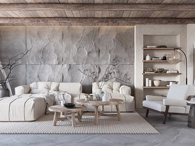 Natural Rustic Living Room Interior With Beige Sofa Wooden Coffee Tables And Stone Wall 3d model