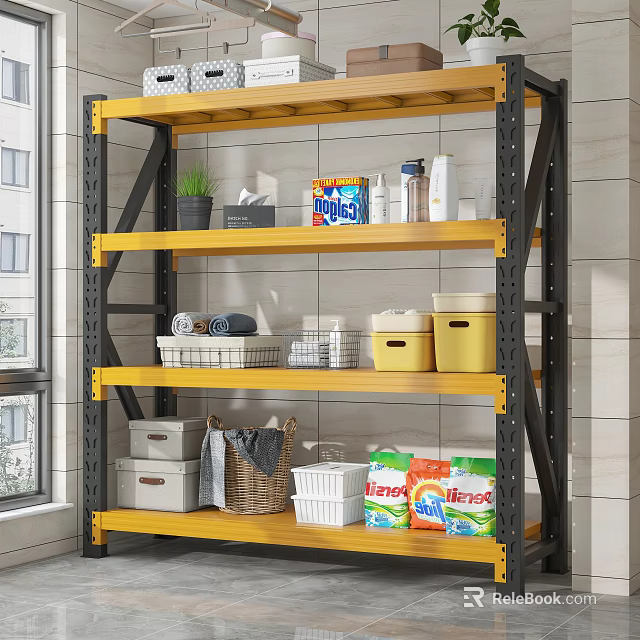 Yellow Metal Frame Storage Shelf Unit With Baskets Boxes Potted Plant And Laundry Detergent 3d model 