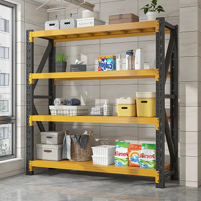 Yellow Metal Frame Storage Shelf Unit With Baskets Boxes Potted Plant And Laundry Detergent 3d model
