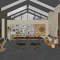 Modern Recreation Room Interior With Wooden Furniture Large Windows Concrete Ceiling And Wall Decor