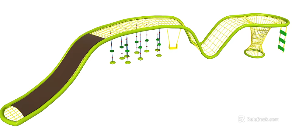 Green Wavy Playground Equipment With Climbing Net Swing And Hanging Elements 3d model 
