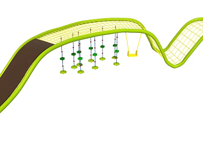 Green Wavy Playground Equipment With Climbing Net Swing And Hanging Elements 3d model