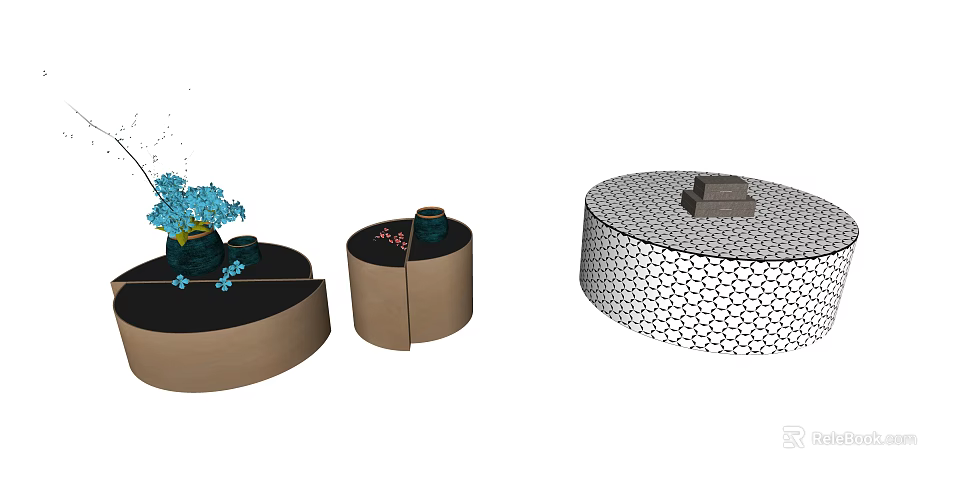 Modern Circular Coffee Tables Featuring Decorative Plants Honeycomb Texture And Storage Compartments 3d model 