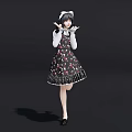 Woman Wearing Floral Dress With White Hat Lifting One Leg Gesturing Hand On Black Background