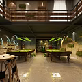 Modern Entertainment Room With Billiard Tables Wooden Staircase And Green Plant Decor