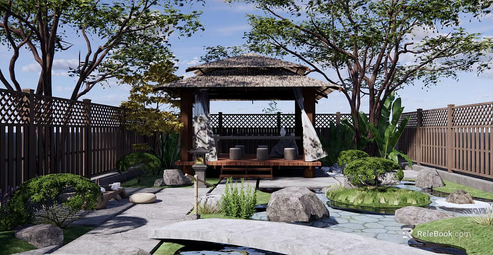Serene Japanese Karesansui Garden Featuring Thatched Pavilion Stones Mossy Paths And Wooden Fence 3d model 