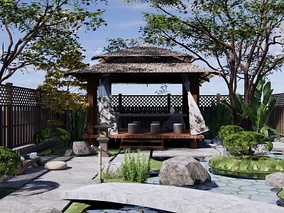 Serene Japanese Karesansui Garden Featuring Thatched Pavilion Stones Mossy Paths And Wooden Fence 3d model