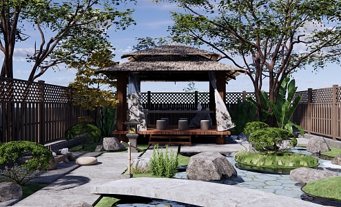 New Chinese Courtyard Garden Dry Landscape Zen Private Garden Thatched Pavilion Corridor Frame Tea Room Tea Table Garden Waterscape 3d model