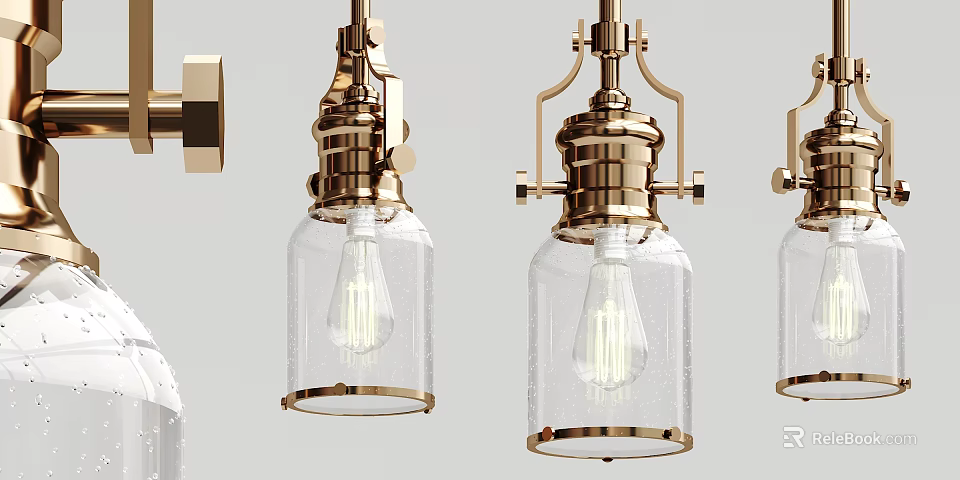 Brass Glass Pendant Lights with Clear Shades and Vintage Industrial Design for Home Interior 3d model 