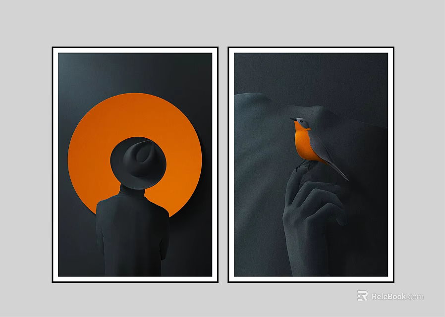 Two Modern Art Prints Featuring Black Silhouette Orange Circle And Bird On Hand 3d model 