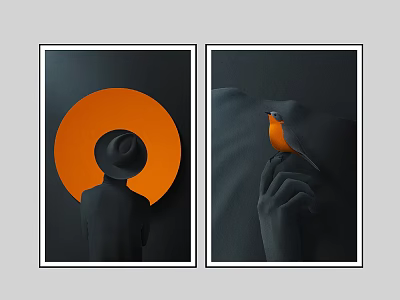 Two Modern Art Prints Featuring Black Silhouette Orange Circle And Bird On Hand 3d model