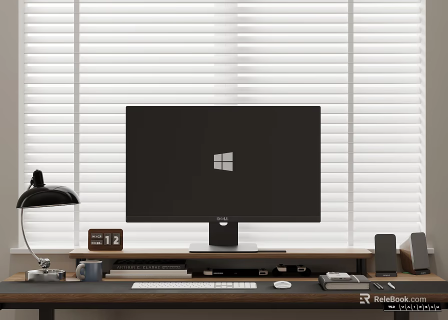 Black Windows Computer Monitor Setup On Desk With Lamp Books Mug Speakers And White Blinds 3d model 