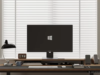 Black Windows Computer Monitor Setup On Desk With Lamp Books Mug Speakers And White Blinds 3d model