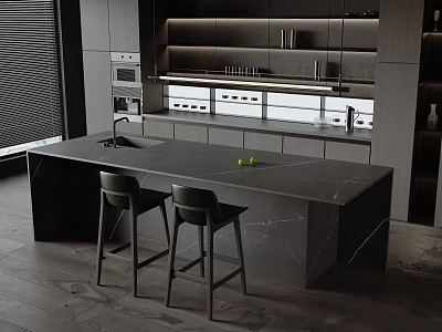 Modern Kitchen Bar Counter With Marble Countertop Black Bar Stools Faucet Dark Cabinets And Appliances 3d model