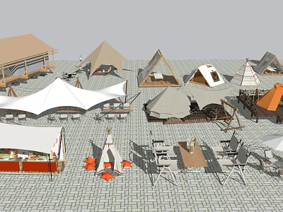 Scenic Outdoor Campsite with Various Tents Tables Chairs and Stone Paved Ground 3d model