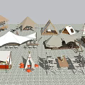 Scenic Outdoor Campsite with Various Tents Tables Chairs and Stone Paved Ground
