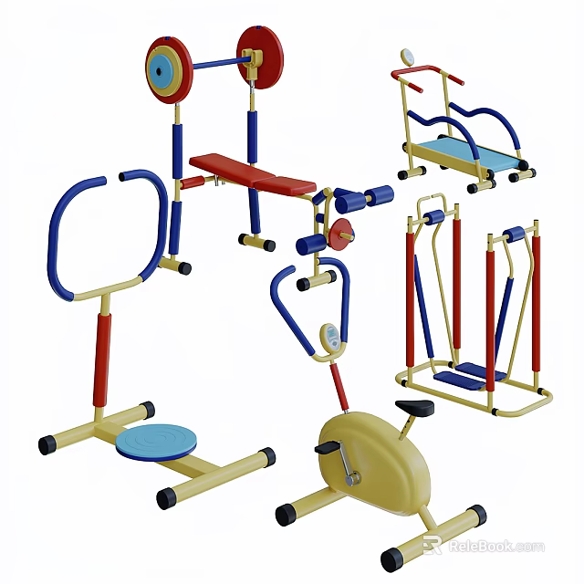 Colorful Kids Sports Equipment Collection With Exercise Bikes Parallel Bars And Balance Boards 3d model 