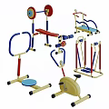 Colorful Kids Sports Equipment Collection With Exercise Bikes Parallel Bars And Balance Boards