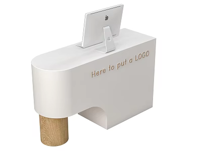 Modern White Reception Desk with Wooden Legs Tablet Stand and Logo Space 3d model