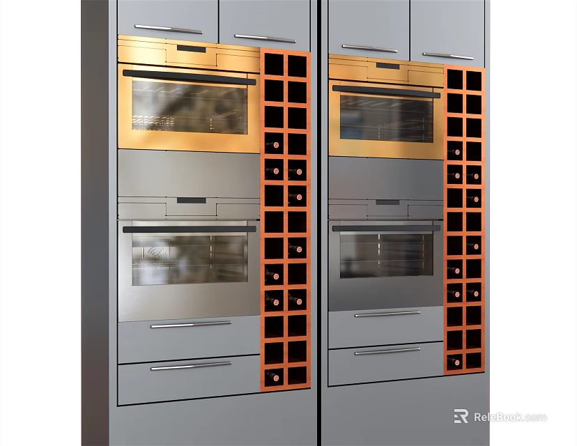Modern Kitchen With Built In Ovens Wine Racks And Stainless Steel Cabinets 3d model 