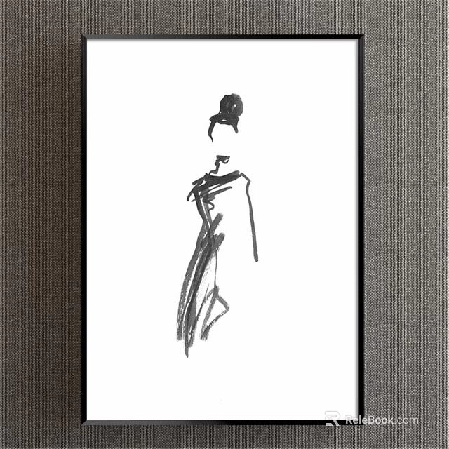 Abstract Painting Black and White Hand Drawn Figure with Minimalist Lines in Black Frame 3d model 