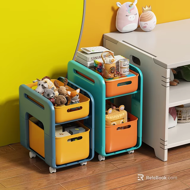 Kids Rolling Storage Shelf with Colorful Bins for Toys and Books in Bright Children Room 3d model 