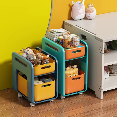 Kids Rolling Storage Shelf with Colorful Bins for Toys and Books in Bright Children Room 3d model