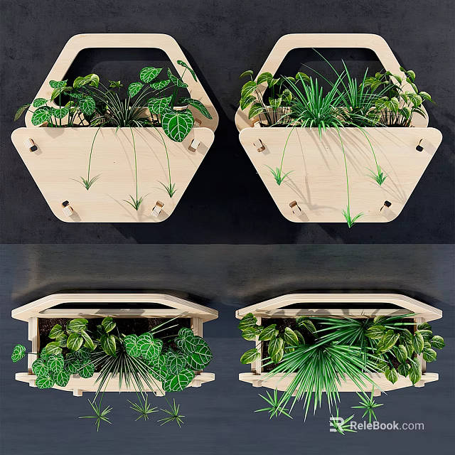 Indoor Wooden Hanging Planters With Green Bonsai And Various Leaf Plants 3d model 