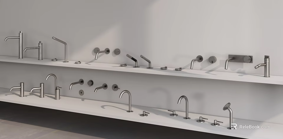 Stylish Bathroom Accessories Including Modern Faucets Displayed On White Shelves 3d model 