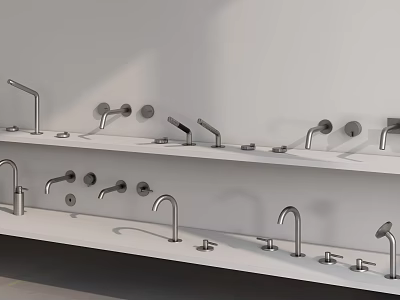Stylish Bathroom Accessories Including Modern Faucets Displayed On White Shelves 3d model