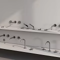 Stylish Bathroom Accessories Including Modern Faucets Displayed On White Shelves