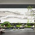 Modern Landscape Feature Wall With Mountain Cloud Pattern Green Plants And Water Feature 3d model