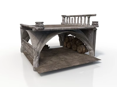 Stone Arch Architectural Structure with Decorative Railing On Top and Stacked Round Logs Below 3d model